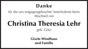 Traueranzeige von Christina Theresia Lehr von Echo-Zeitungen (Gesamtausgabe)