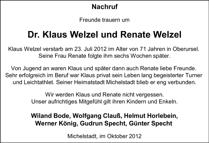  Traueranzeige für Klaus Welzel vom 10.10.2012 aus Odenwälder Echo