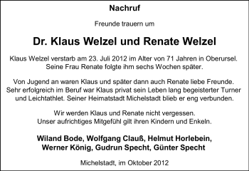 Traueranzeige von Klaus Welzel von Odenwälder Echo