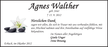 Traueranzeige von Agnes Walther von Odenwälder Echo