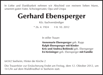 Traueranzeige von Gerhard Ebensperger von Echo-Zeitungen (Gesamtausgabe)