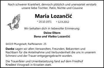 Traueranzeige von Maria Lozancic von Echo-Zeitungen (Gesamtausgabe)