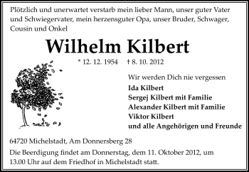 Traueranzeige von Wilhelm Kilbert von Odenwälder Echo