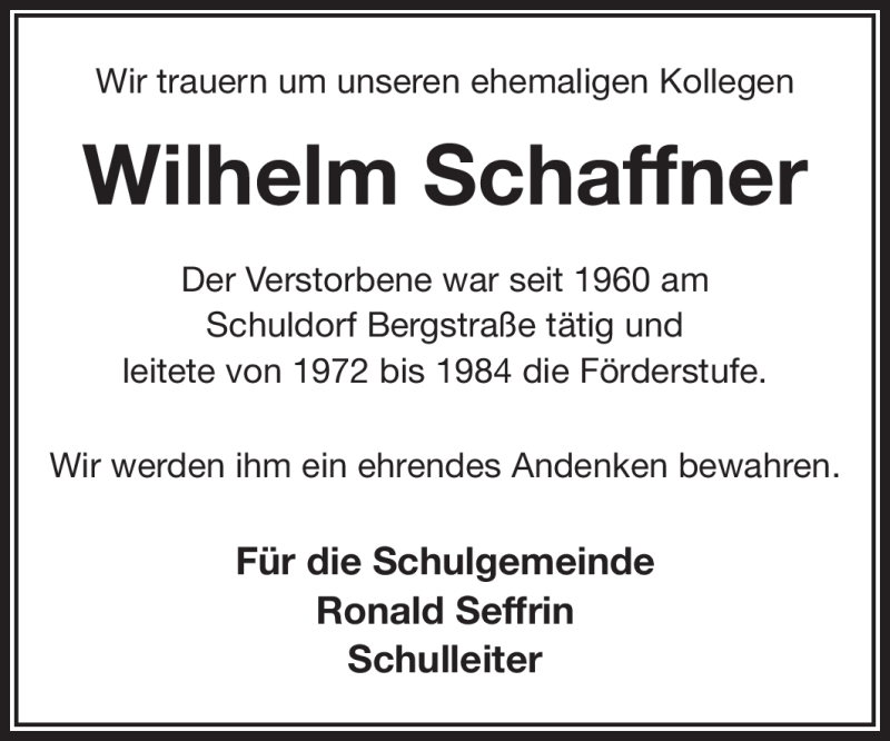  Traueranzeige für Wilhelm Schaffner vom 13.10.2012 aus Echo-Zeitungen (Gesamtausgabe)
