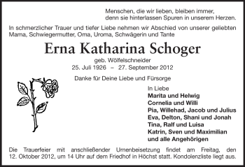 Traueranzeige von Erna Katharina Schoger von Odenwälder Echo