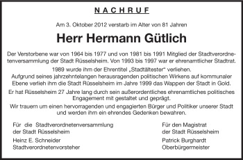 Traueranzeige von Hermann Gütlich von Rüsselsheimer Echo, Groß-Gerauer-Echo, Ried Echo