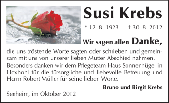 Traueranzeige von Susi Krebs von Echo-Zeitungen (Gesamtausgabe)