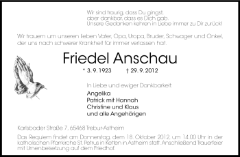 Traueranzeige von Friedel Anschau von Rüsselsheimer Echo, Groß-Gerauer-Echo, Ried Echo