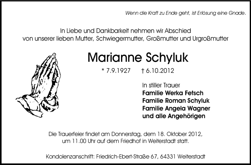  Traueranzeige für Marianne Schyluk vom 13.10.2012 aus Echo-Zeitungen (Gesamtausgabe)