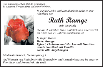 Traueranzeige von Ruth Ramge von Odenwälder Echo