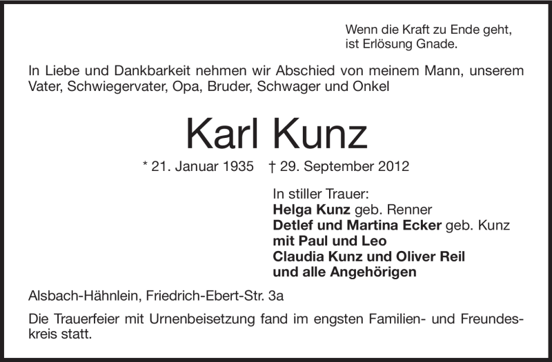  Traueranzeige für Karl Kunz vom 13.10.2012 aus Echo-Zeitungen (Gesamtausgabe)