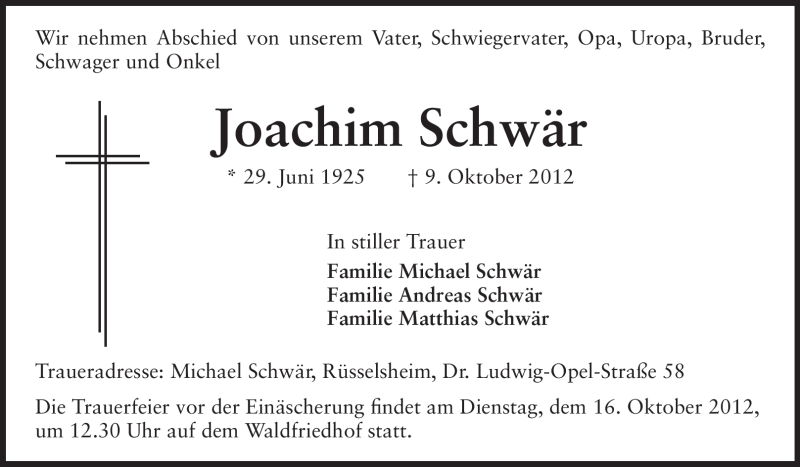  Traueranzeige für Joachim Schwär vom 12.10.2012 aus Rüsselsheimer Echo, Groß-Gerauer-Echo, Ried Echo