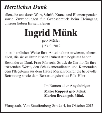 Traueranzeige von Ingrid Münk von Echo-Zeitungen (Gesamtausgabe)