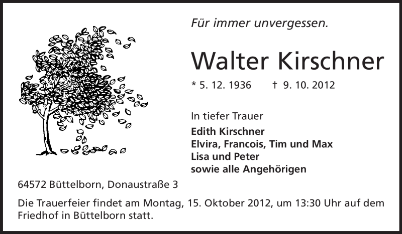  Traueranzeige für Walter Kirschner vom 12.10.2012 aus Rüsselsheimer Echo, Groß-Gerauer-Echo, Ried Echo