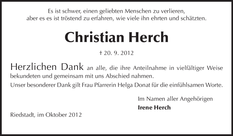  Traueranzeige für Christian Herch vom 17.10.2012 aus Rüsselsheimer Echo, Groß-Gerauer-Echo, Ried Echo