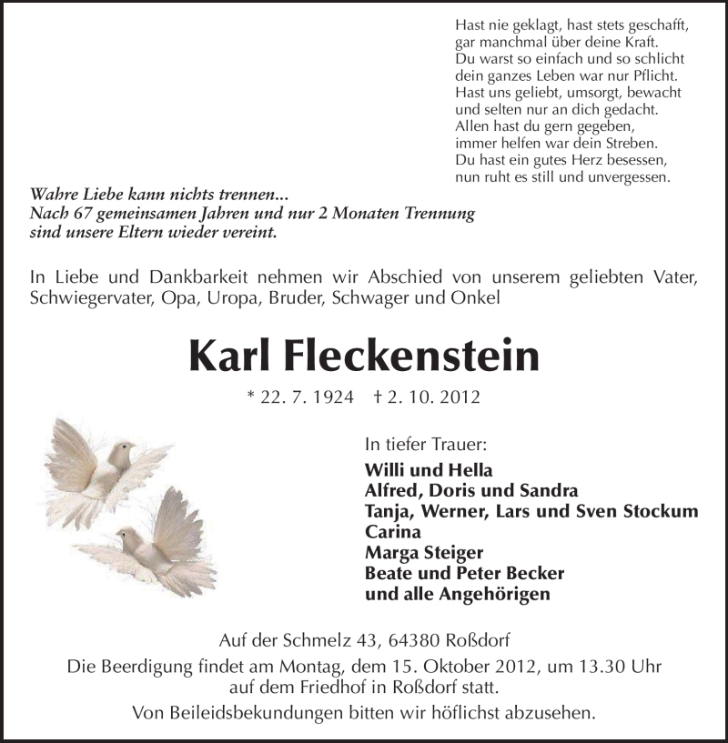  Traueranzeige für Karl Fleckenstein vom 12.10.2012 aus Echo-Zeitungen (Gesamtausgabe)