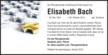 Traueranzeige von Elisabeth Bach von Echo-Zeitungen (Gesamtausgabe)