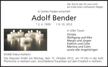 Traueranzeige von Adolf Bender von Rüsselsheimer Echo, Groß-Gerauer-Echo, Ried Echo