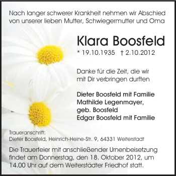 Traueranzeige von Klara Boosfeld von Echo-Zeitungen (Gesamtausgabe)