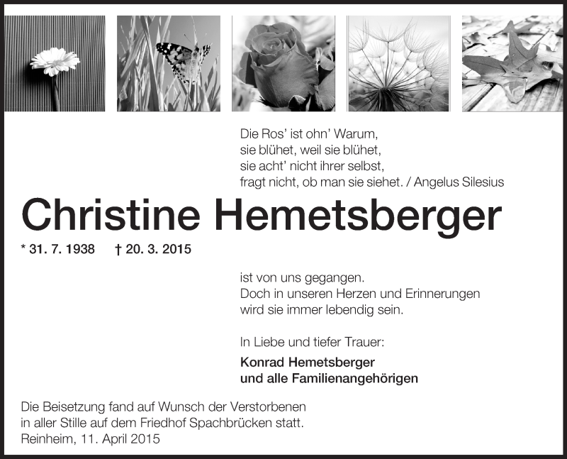  Traueranzeige für Christine Hemetsberger vom 11.04.2015 aus Echo-Zeitungen (Gesamtausgabe)