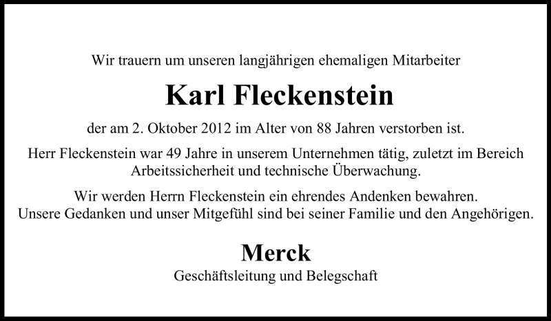  Traueranzeige für Karl Fleckenstein vom 15.10.2012 aus Echo-Zeitungen (Gesamtausgabe)