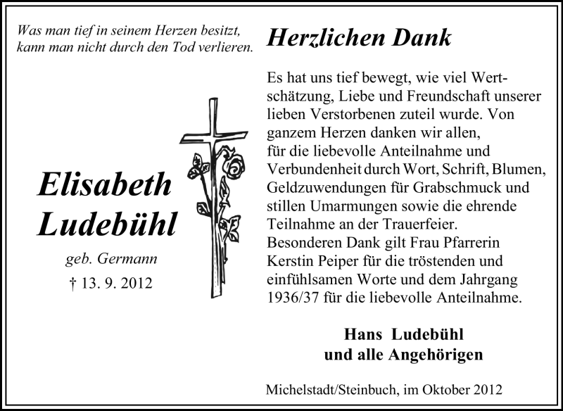  Traueranzeige für Elisabeth Ludebühl vom 13.10.2012 aus Odenwälder Echo