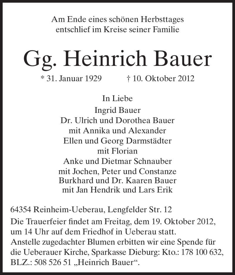  Traueranzeige für Heinrich Bauer vom 13.10.2012 aus Echo-Zeitungen (Gesamtausgabe)