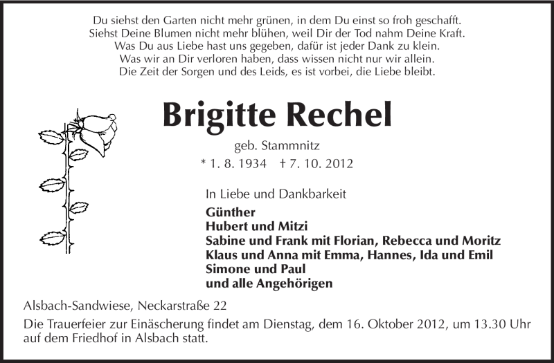  Traueranzeige für Brigitte Rechel vom 15.10.2012 aus Echo-Zeitungen (Gesamtausgabe)