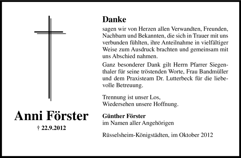  Traueranzeige für Anni Förster vom 13.10.2012 aus Rüsselsheimer Echo, Groß-Gerauer-Echo, Ried Echo
