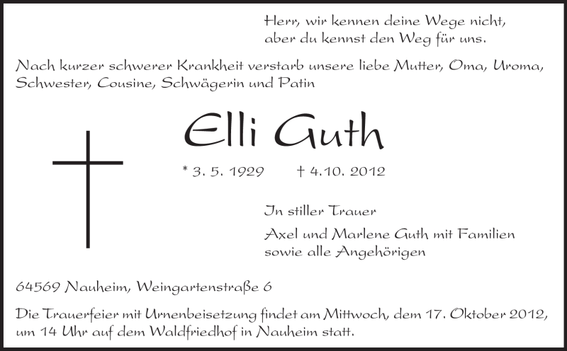  Traueranzeige für Elli Guth vom 13.10.2012 aus Rüsselsheimer Echo, Groß-Gerauer-Echo, Ried Echo