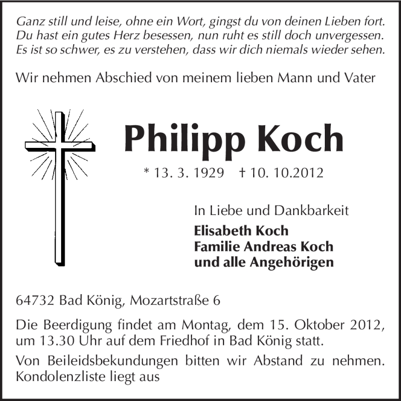  Traueranzeige für Philipp Koch vom 13.10.2012 aus Odenwälder Echo