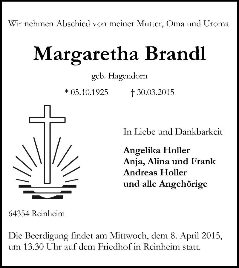  Traueranzeige für Margaretha Brandl vom 04.04.2015 aus Darmstädter Echo, Odenwälder Echo, Rüsselsheimer Echo, Groß-Gerauer-Echo, Ried Echo