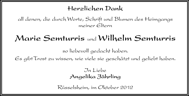  Traueranzeige für Marie Semturris vom 13.10.2012 aus Rüsselsheimer Echo, Groß-Gerauer-Echo, Ried Echo