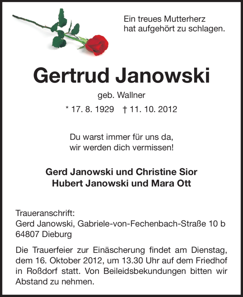  Traueranzeige für Gertrud Janowski vom 13.10.2012 aus Echo-Zeitungen (Gesamtausgabe)