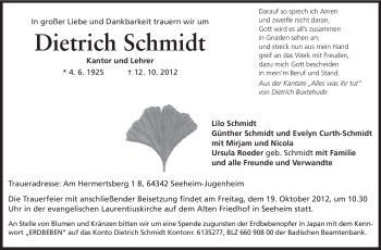 Traueranzeige von Dietrich Schmidt von Echo-Zeitungen (Gesamtausgabe)