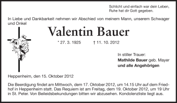 Traueranzeige von Valentin Bauer von Starkenburger Echo