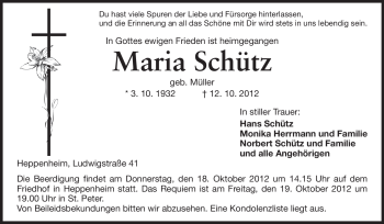 Traueranzeige von Maria Schütz von Starkenburger Echo