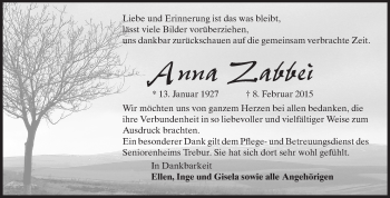 Traueranzeige von Anna Zabbei von Rüsselsheimer Echo, Groß-Gerauer-Echo, Ried Echo