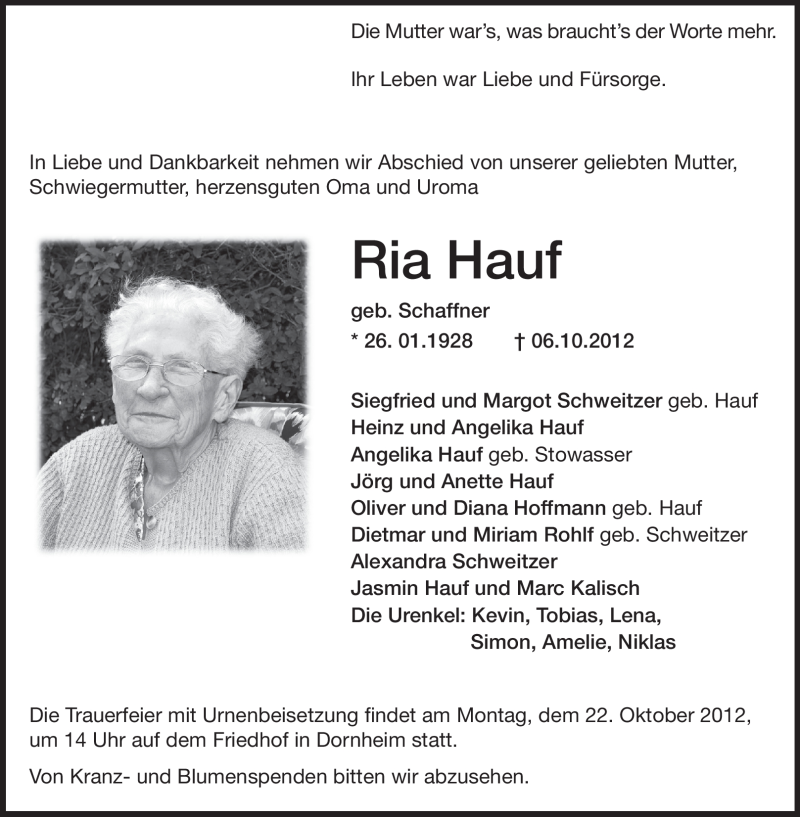  Traueranzeige für Ria Hauf vom 20.10.2012 aus Rüsselsheimer Echo, Groß-Gerauer-Echo, Ried Echo