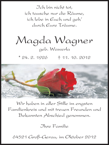 Traueranzeige von Magda Wagner von Rüsselsheimer Echo, Groß-Gerauer-Echo, Ried Echo