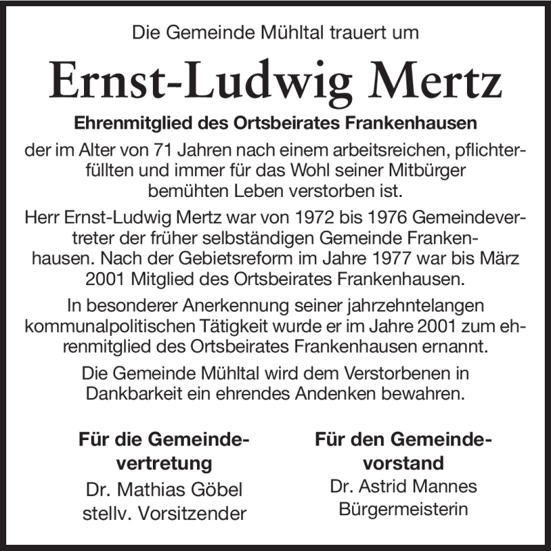  Traueranzeige für Ernst-Ludwig Mertz vom 16.10.2012 aus Echo-Zeitungen (Gesamtausgabe)