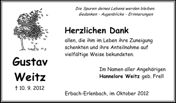 Traueranzeige von Gustav Weitz von Odenwälder Echo