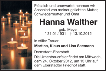 Traueranzeige von Hanna Walther von Echo-Zeitungen (Gesamtausgabe)