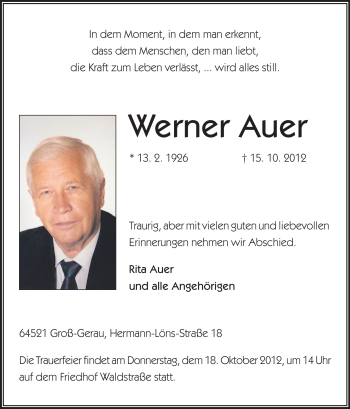 Traueranzeige von Werner Auer von Rüsselsheimer Echo, Groß-Gerauer-Echo, Ried Echo