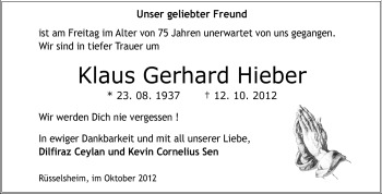 Traueranzeige von Klaus Gerhard Hieber von Rüsselsheimer Echo, Groß-Gerauer-Echo, Ried Echo