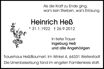 Traueranzeige von Heinrich Heß von Echo-Zeitungen (Gesamtausgabe)