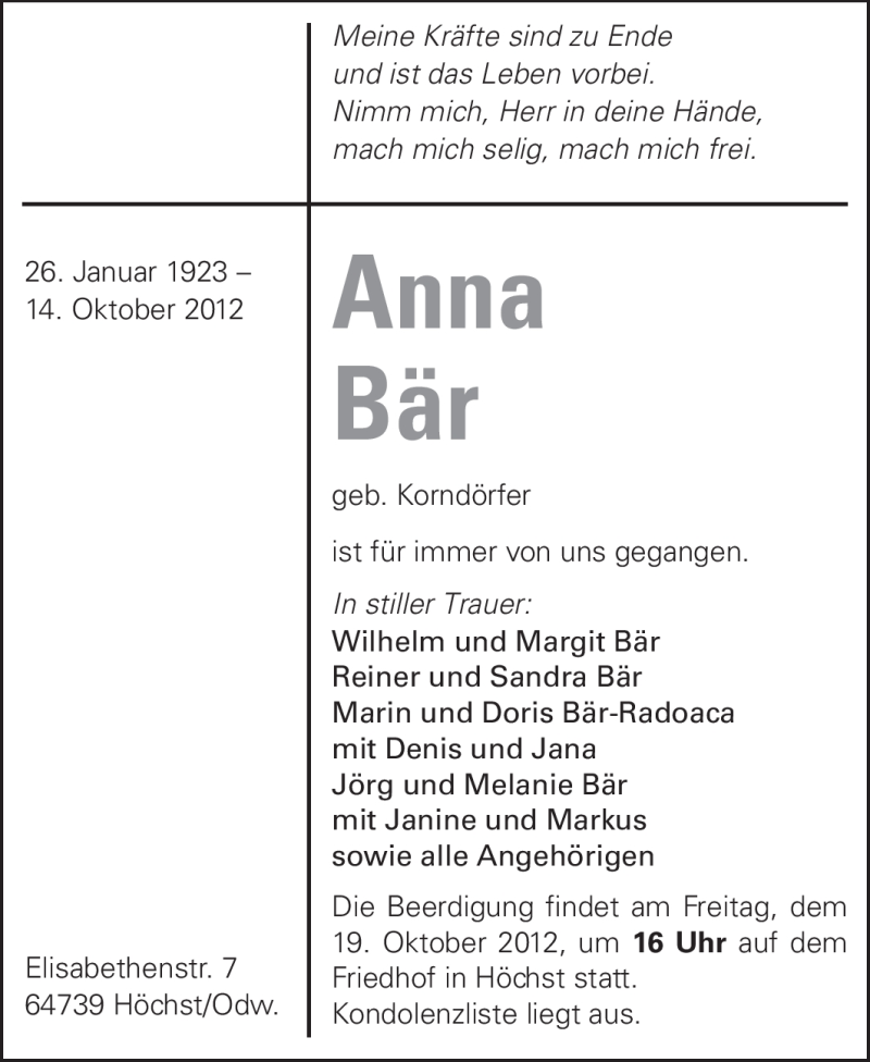  Traueranzeige für Anna Bär vom 17.10.2012 aus Odenwälder Echo