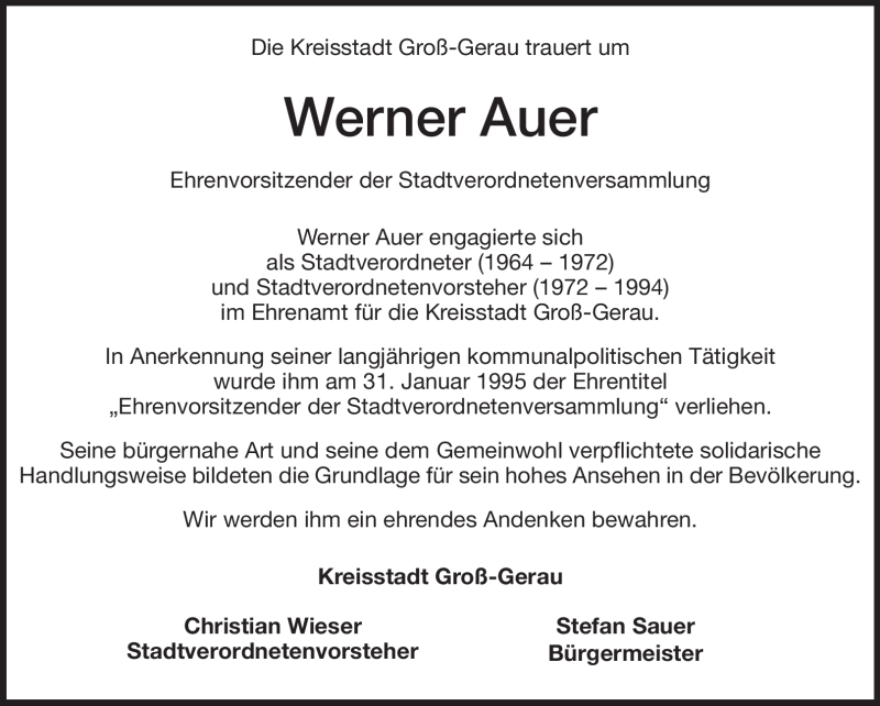  Traueranzeige für Werner Auer vom 17.10.2012 aus Rüsselsheimer Echo, Groß-Gerauer-Echo, Ried Echo