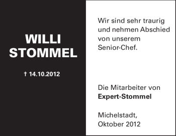 Traueranzeige von Willi Stommel von Odenwälder Echo