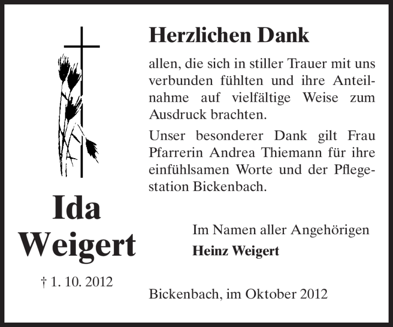  Traueranzeige für Ida Weigert vom 20.10.2012 aus Echo-Zeitungen (Gesamtausgabe)